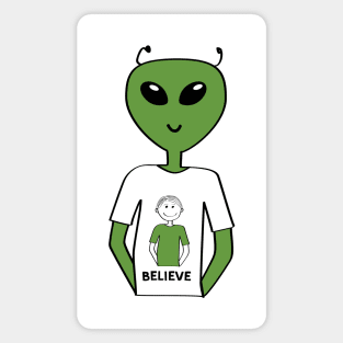 "Believe" T-shirt with Alien Wearing a T-shirt with a Human (Guy) Magnet